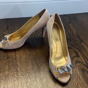 J.Crew nude suede peep toe heels with jewels